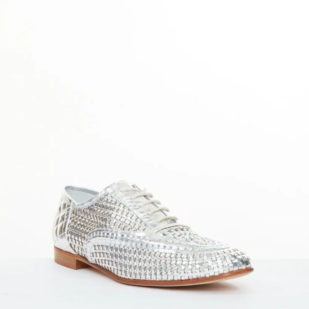 CHANEL 2016 interlocking CC metallic silver woven leather oxford EU39 US9
